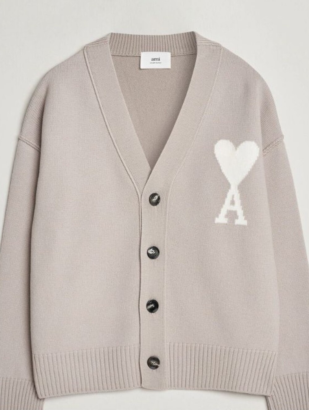 AMI Paris Beige Heart A Luxe Cotton Cardigan Sweater, L - Picture 4 of 12